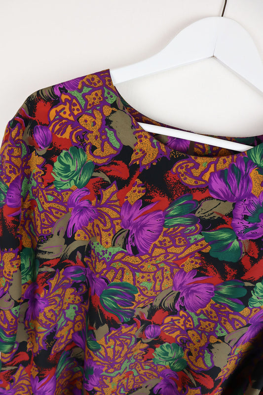 Bluse Vintage Lila Blumen ( Gr. XL/XXL )