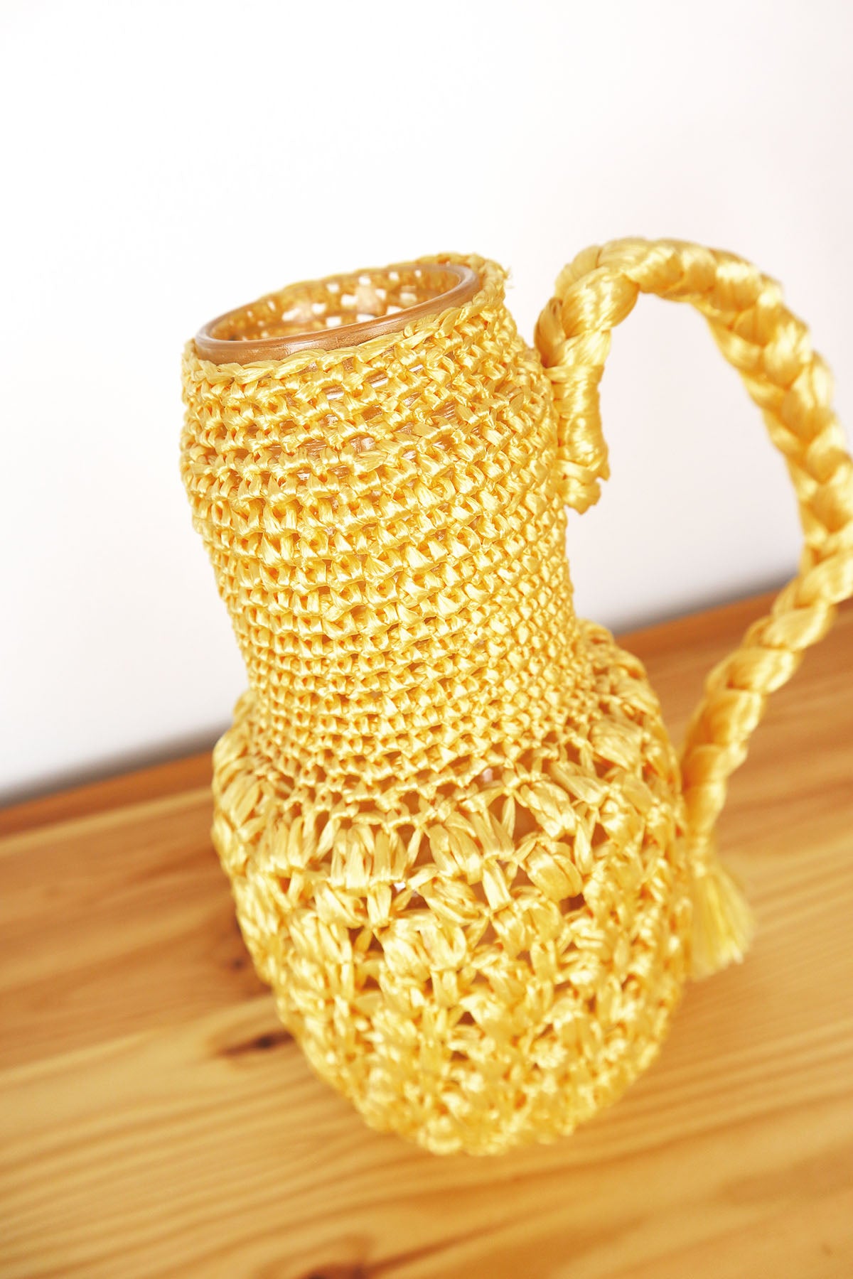 Yellow Crocheted Glass With Handle