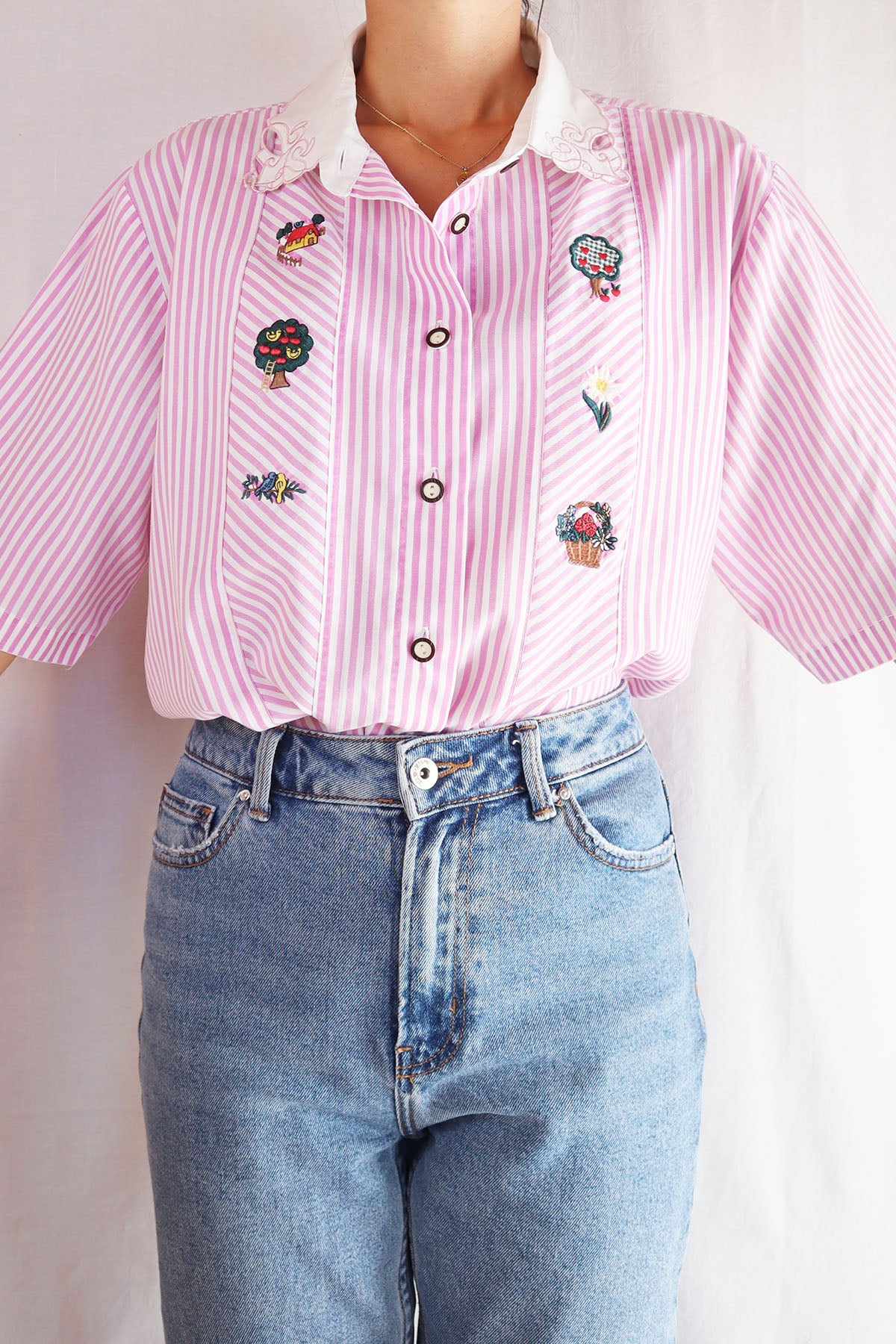 Cute Embroidery Striped Vintage Blouse