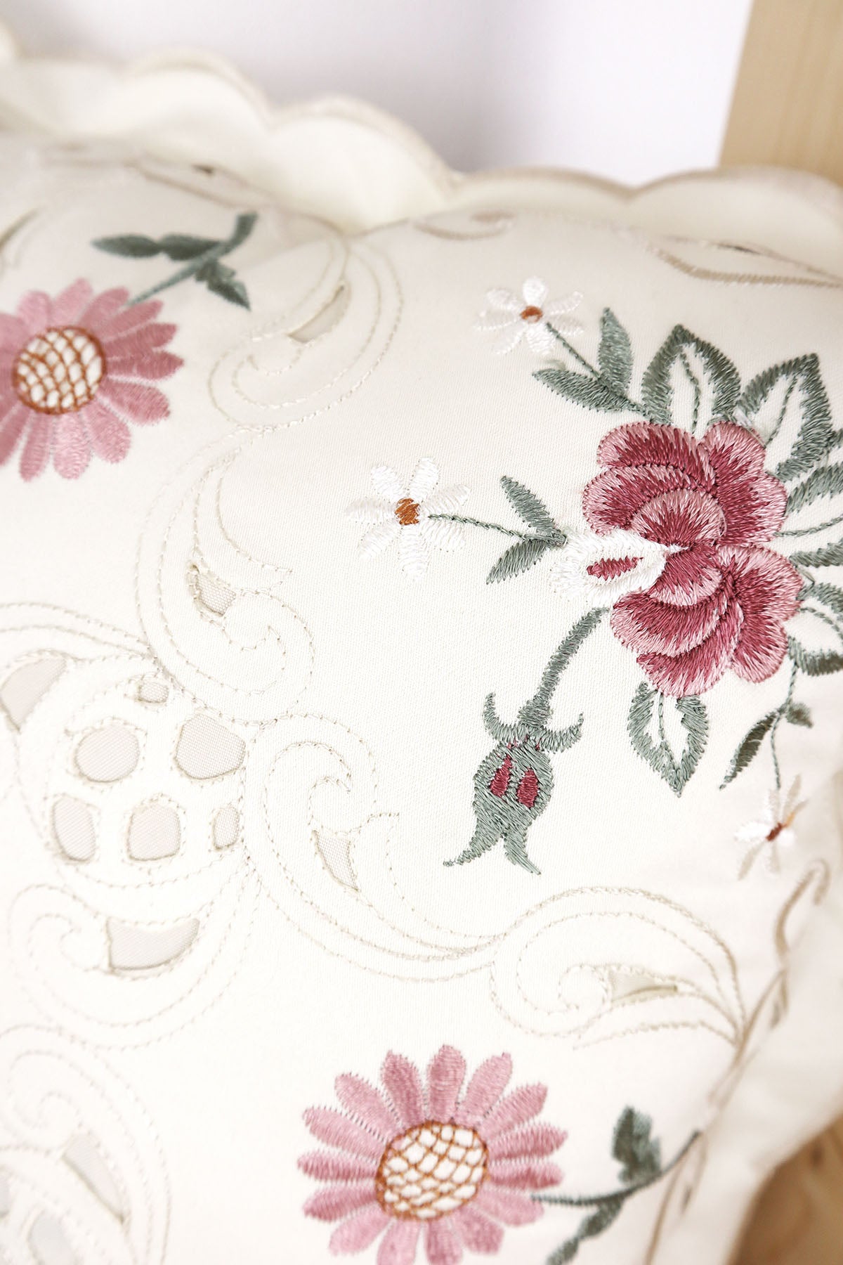Vintage Pillow With Cut-Outs And Embroidery