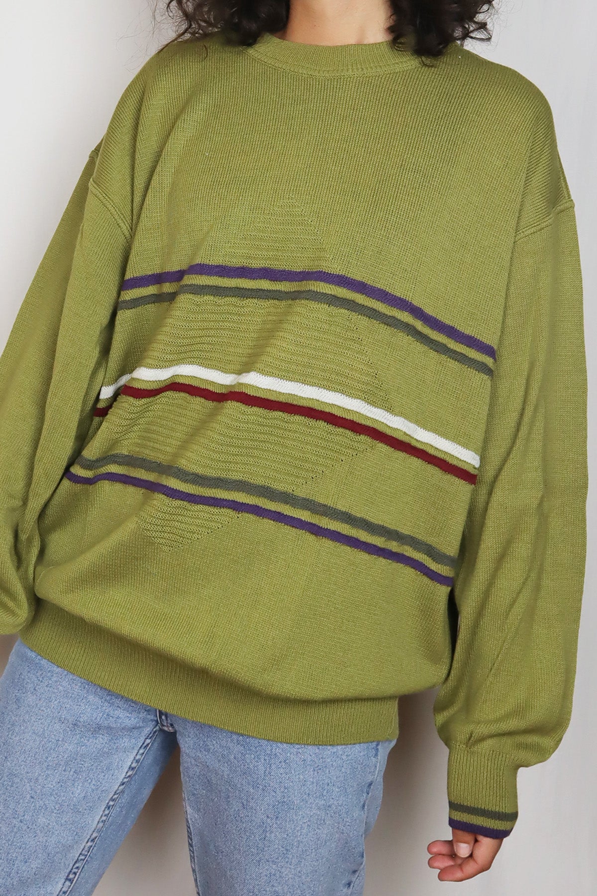 Unisex Pullover Vintage Kiwi Grün Streifen ( Gr. M/L )