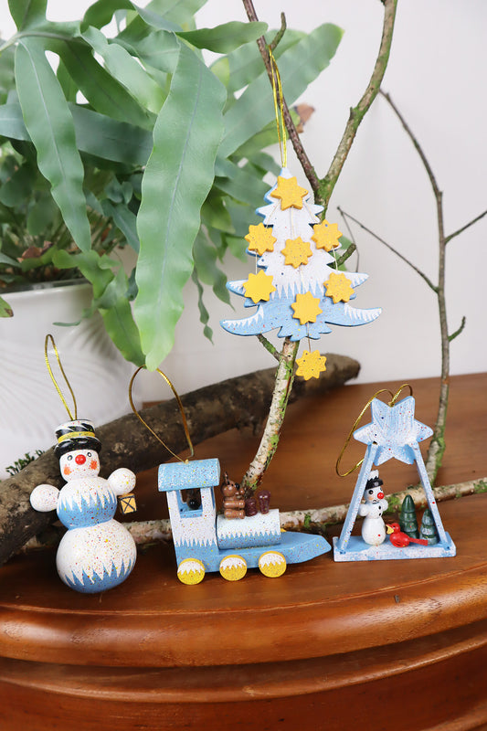 Set Vintage Weihnachten Baumschmuck Blau/Weiß Holz
